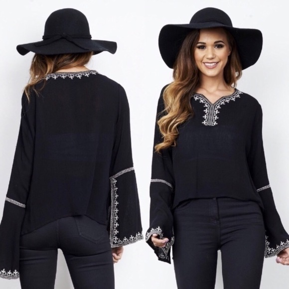 Tops - Boho Embroidered Split V Neck Bell Sleeve Top